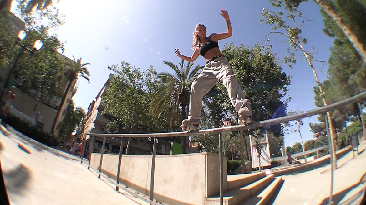 streets-vol-2 image from the video streets vol. 2 of a roller skater sliding on a handrail