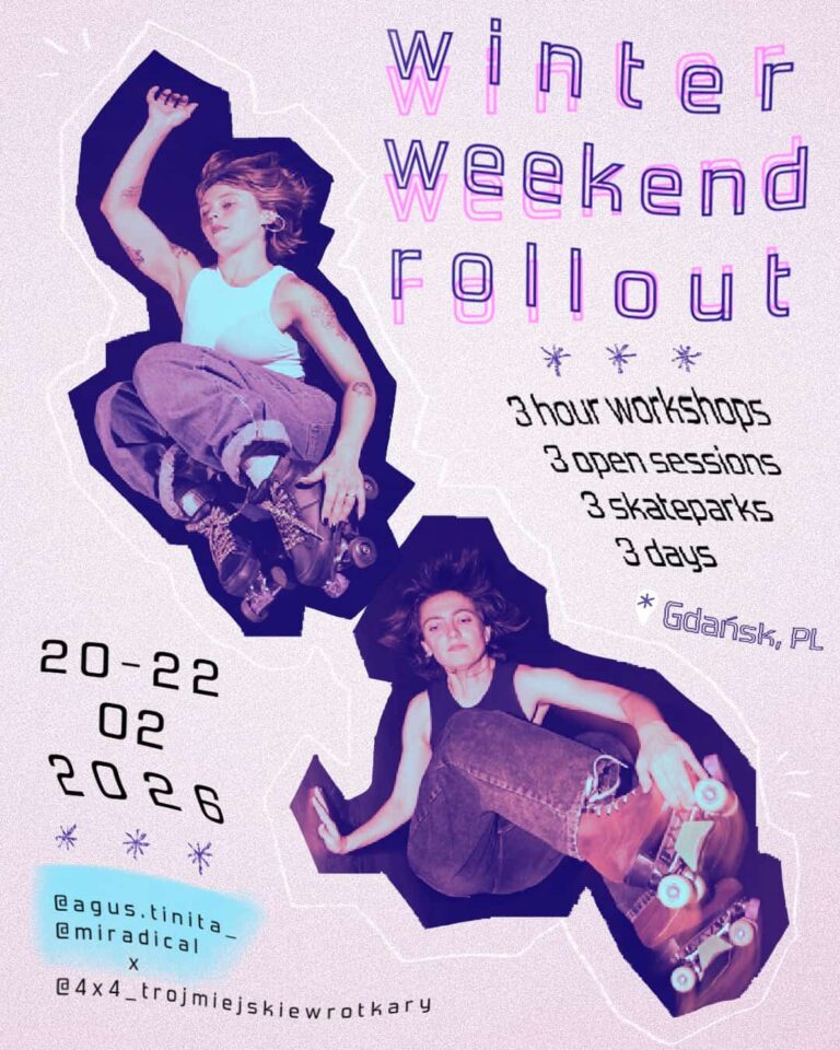 Image with two roller skaters and the text title says winter weekend rollout